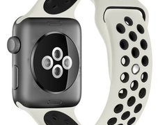 Curea iUni compatibila cu Apple Watch 1/2/3/4/5/6/7, 44mm, Silicon Sport, Crem/Negru